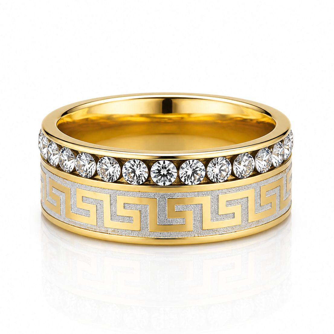Inel Model meandru grecesc, pietre cu Zirconiu Cubic Inox Bicolor Placat Aur 18K PVD - Hipoalergenic - IND1823