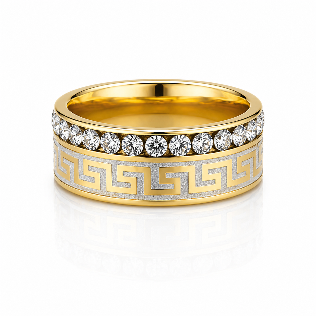 Inel Model meandru grecesc, pietre cu Zirconiu Cubic Inox Bicolor Placat Aur 18K PVD - Hipoalergenic - IND1823
