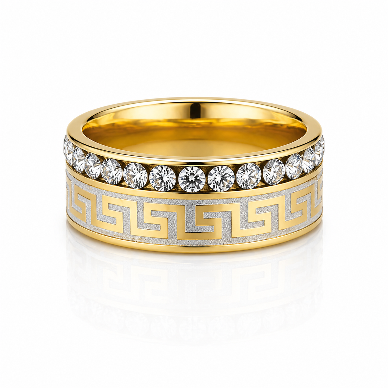 Inel Model meandru grecesc, pietre cu Zirconiu Cubic Inox Bicolor Placat Aur 18K PVD - Hipoalergenic - IND1823