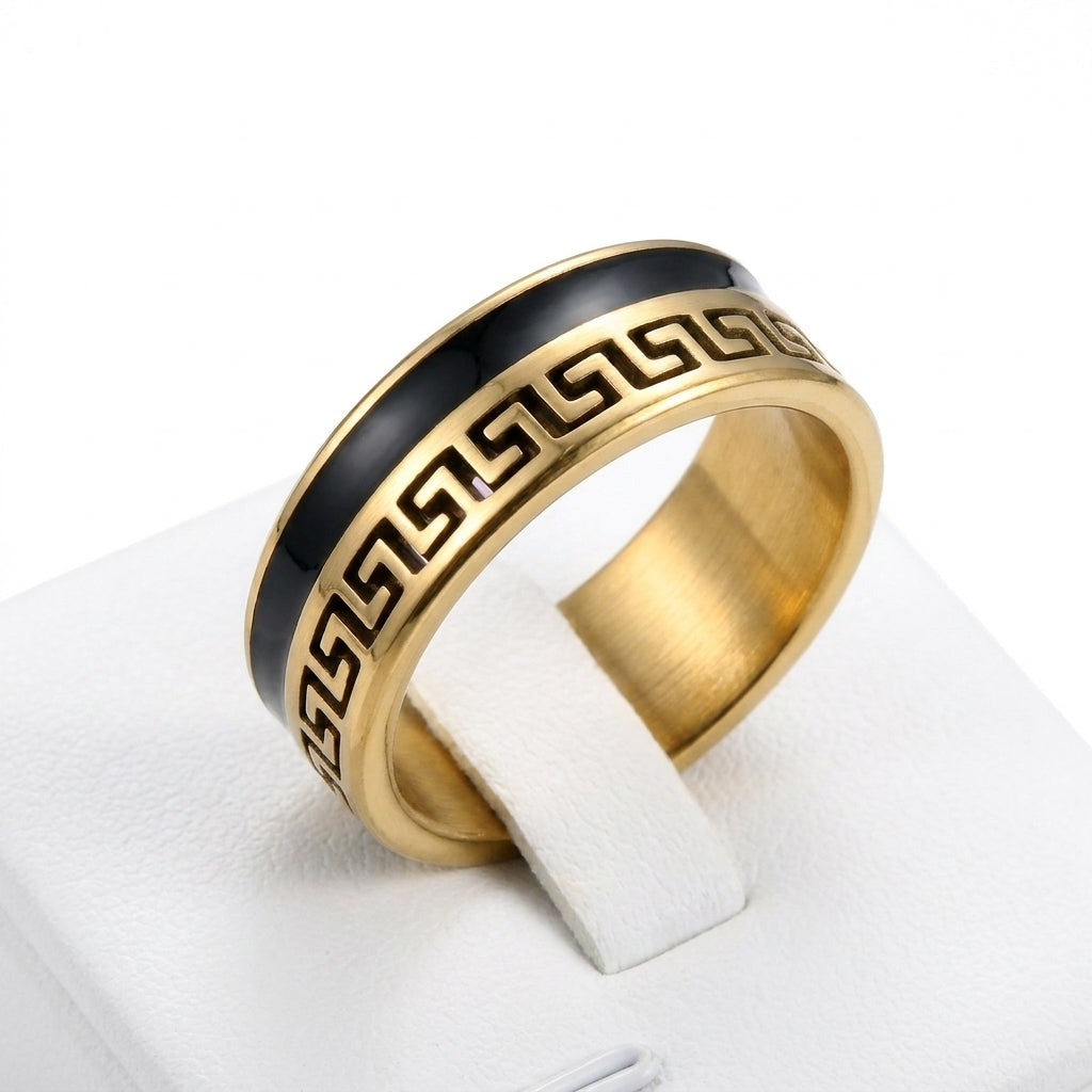 Verighetă Model meandru și bandă neagră Oțel Inoxidabil Bicolor Placat Aur 18K PVD - Hipoalergenică - IND1828