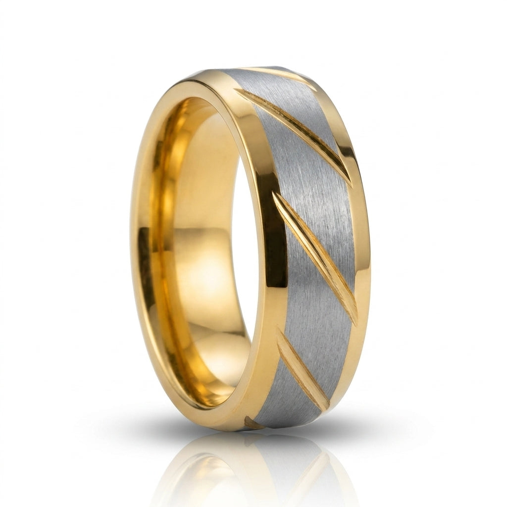 Verighetă Linii diagonale bicolore Oțel Inoxidabil Bicolor Placat Aur 18K PVD - Hipoalergenică - IND1830