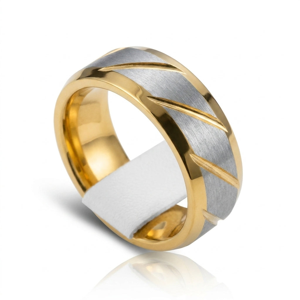 Verighetă Linii diagonale bicolore Oțel Inoxidabil Bicolor Placat Aur 18K PVD - Hipoalergenică - IND1830