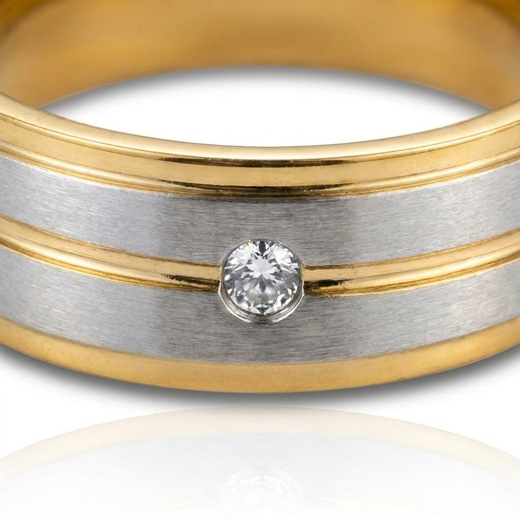Verighetă Bandă Bicolor Texturată cu Piatră ZC Solitaire - Hipoalergenică Placat Aur 18K PVD - IND1844