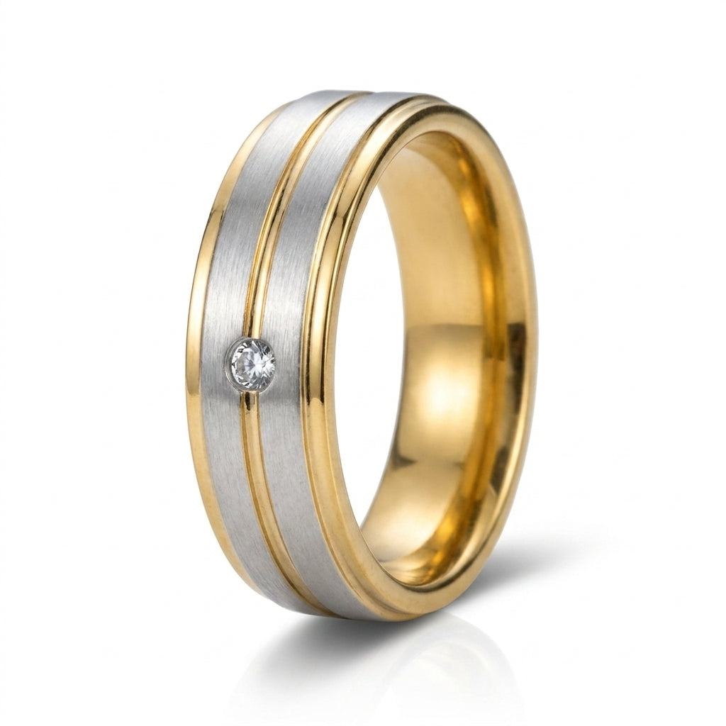 Verighetă Bandă Bicolor Texturată cu Piatră ZC Solitaire - Hipoalergenică Placat Aur 18K PVD - IND1844