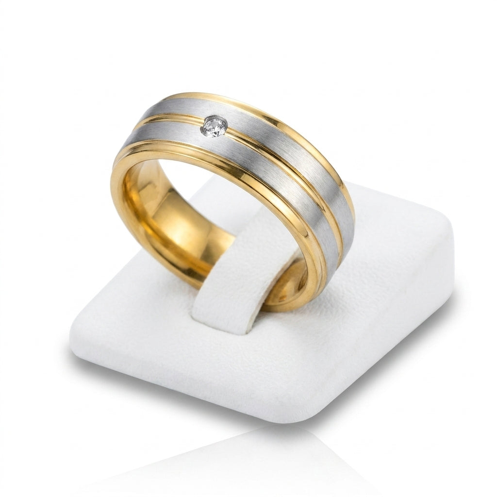 Verighetă Bandă Bicolor Texturată cu Piatră ZC Solitaire - Hipoalergenică Placat Aur 18K PVD - IND1844