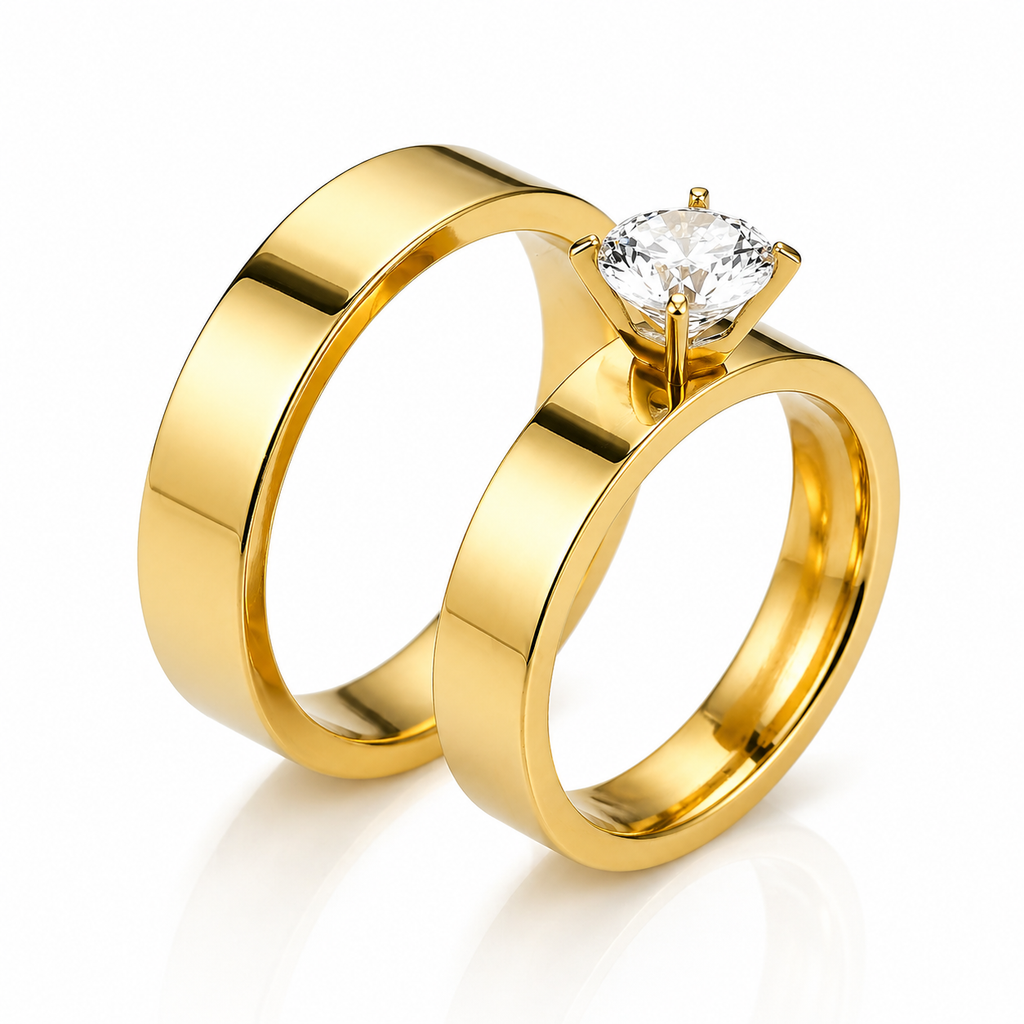 Set Inel de Logodnă + Verighetă cu Piatră Centrală Zirconiu Cubic - Hipoalergenic Placat Aur 18K PVD - IND1851