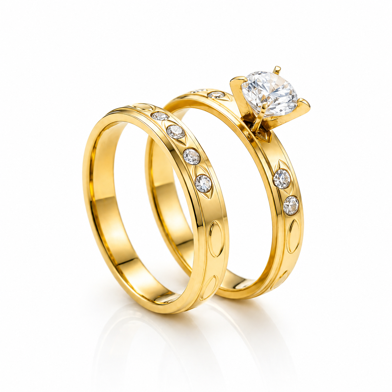 Set Inel de Logodnă + Verighetă Model Ovalar Gravat cu Pietre ZC - Hipoalergenic Placat Aur 18K PVD - IND1854