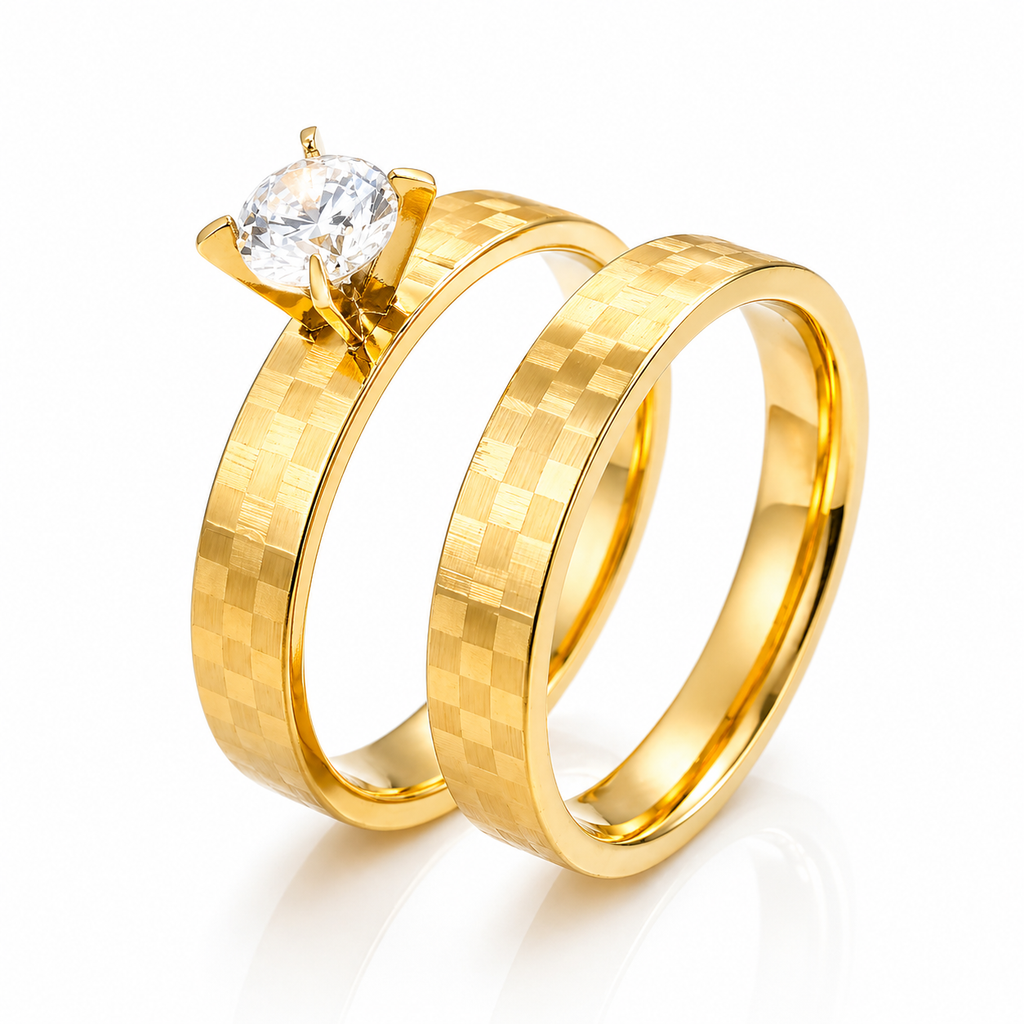 Set Inel de Logodnă + Verighetă Model Texturat Carouri cu ZC Auriu Placat Aur 18K PVD - IND1855