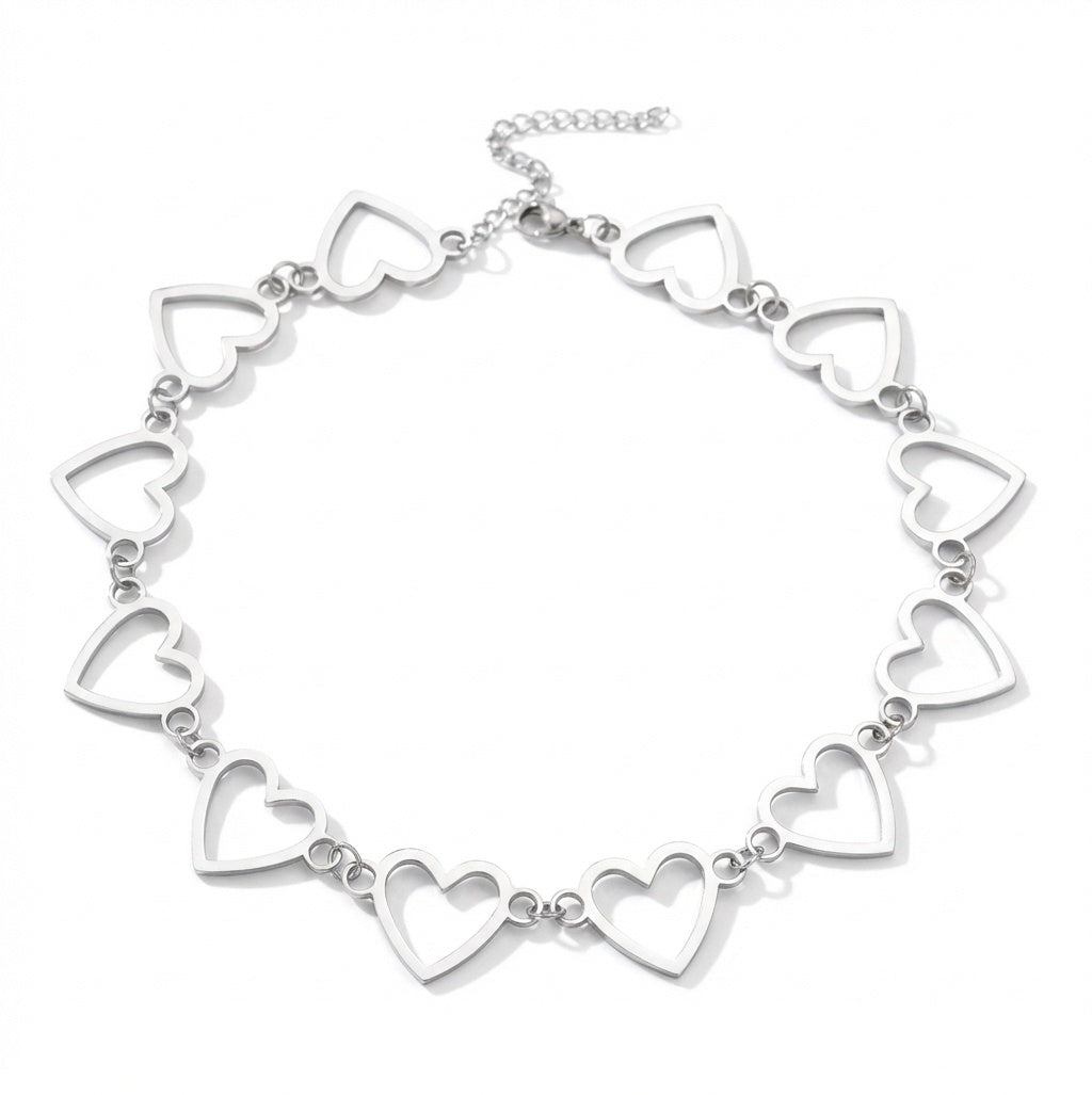 Lănțișor Inox Heart Link Argintiu Choker - Romantic - Hipoalergenic