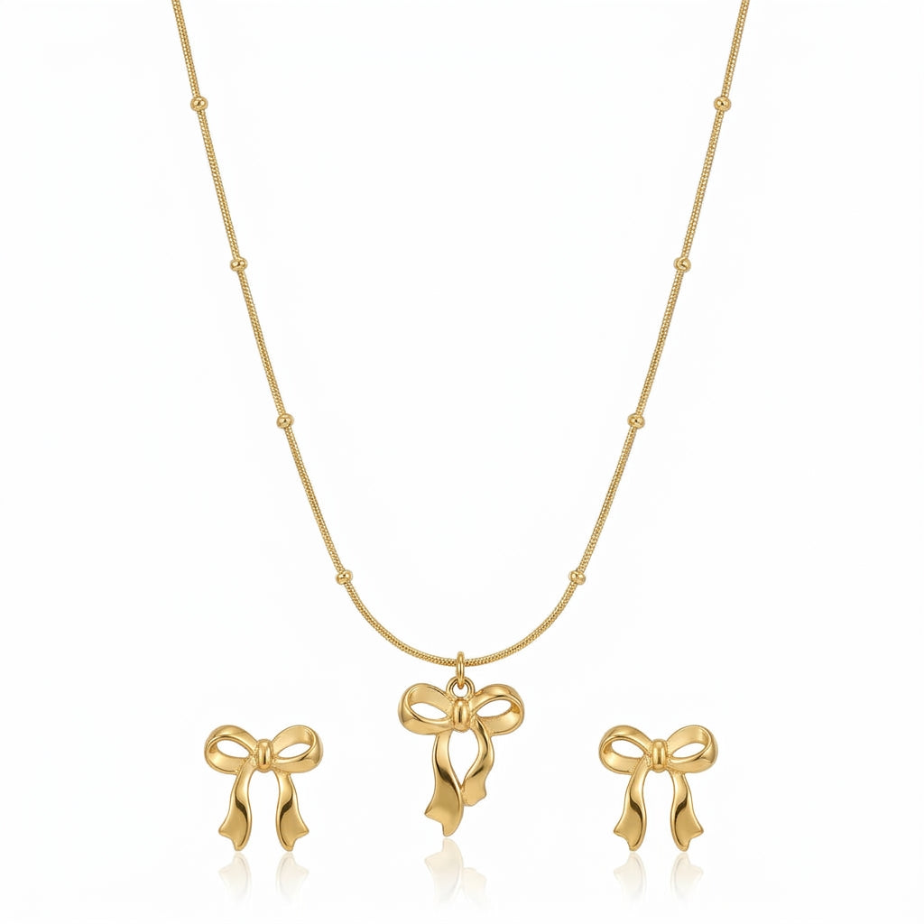 Set Lantisor si Cercei Fundiță Oțel Inoxidabil Placat Aur 18K PVD - Hipoalergenic - LPD1370