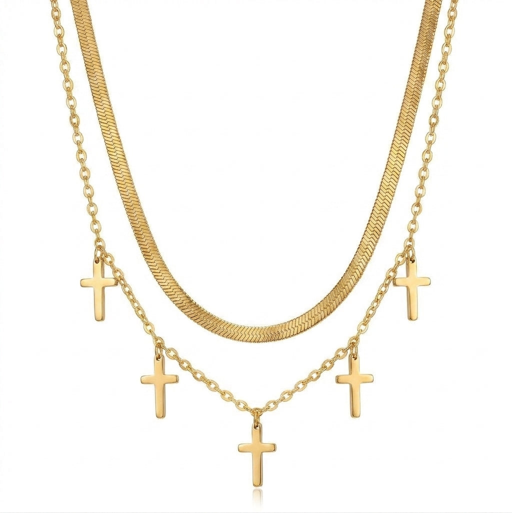 Set 2 Lănțișoare Dublu Layered cu Pandantive Cruci Boho Religios - Hipoalergenic Placat Aur 18K PVD - LPD1393