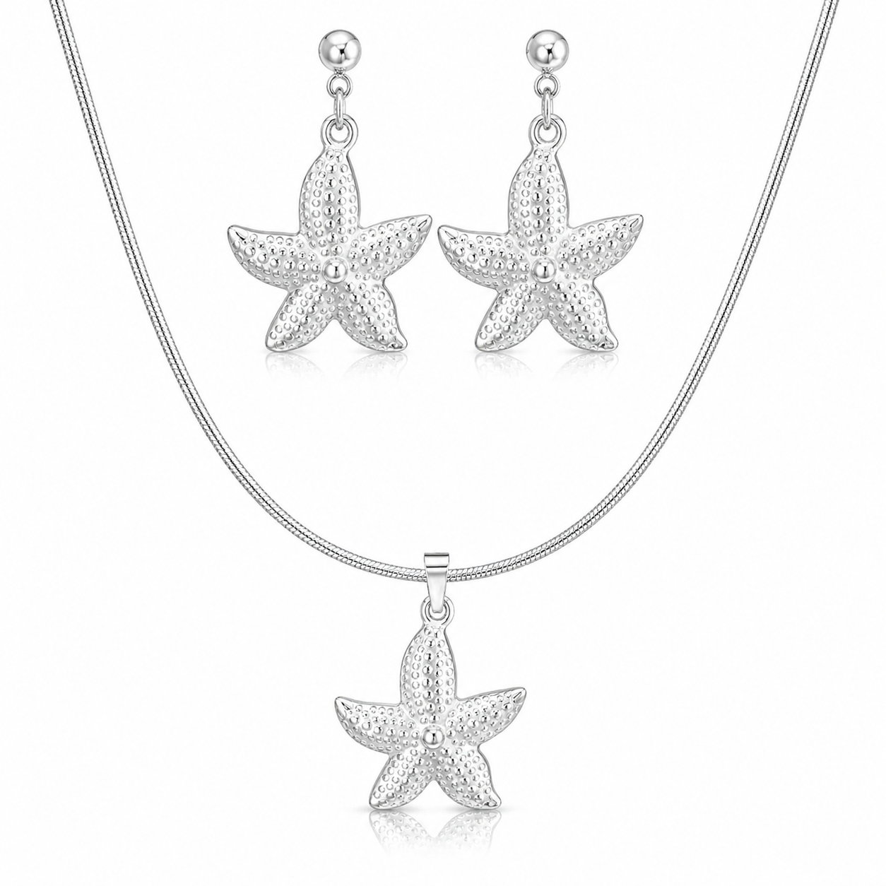 Set Lantisor si Cercei Inox Snake Argintiu cu Pandantiv Stea de Mare - Boho Marin - Hipoalergenic - LPD1405