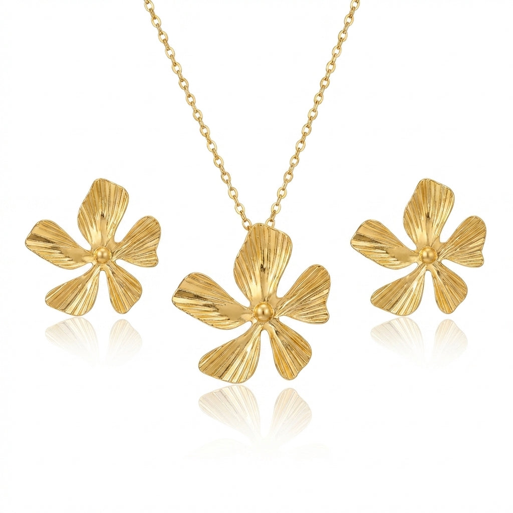 Set Lănțișor + Cercei cu Pandantiv Floare Oțel Inoxidabil Placat Aur 18K PVD - LPD1408 - Hipoalergenici
