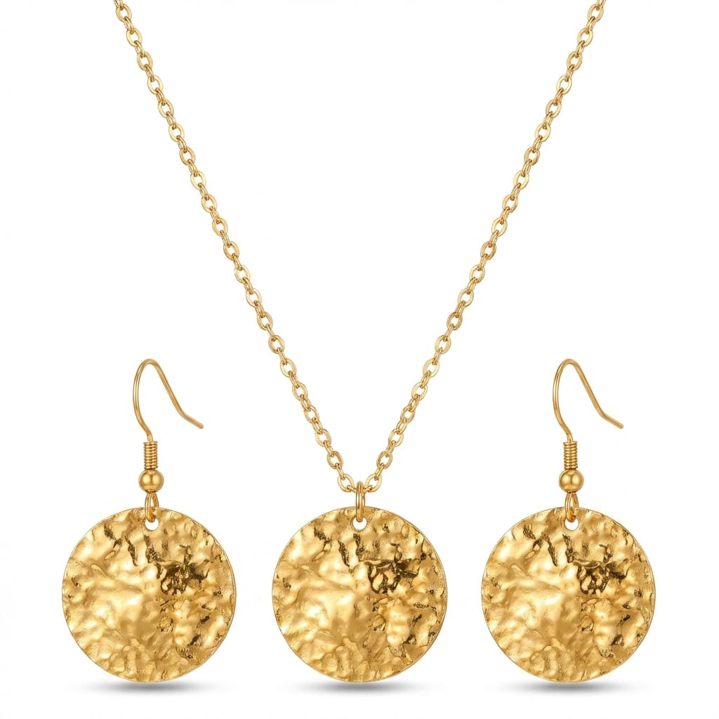 Set Lănțișor + Cercei cu Pandantiv Disc Hammered Oțel Inoxidabil Placat Aur 18K PVD - LPD1409 - Hipoalergenici