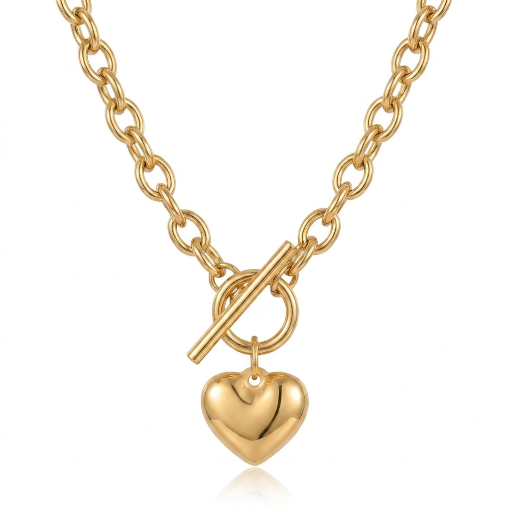 Lănțișor Inox Rolo cu Pandantiv Inimă Puffed - Statement Romantic - Hipoalergenic Placat Aur 18K PVD - LPD1423