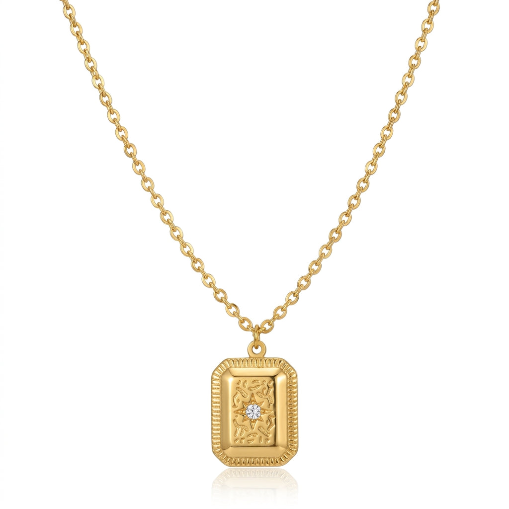 Lănțișor Inox Rolo cu Pandantiv Stea și Cristal - Vintage - Hipoalergenic Placat Aur 18K PVD - LPD1453