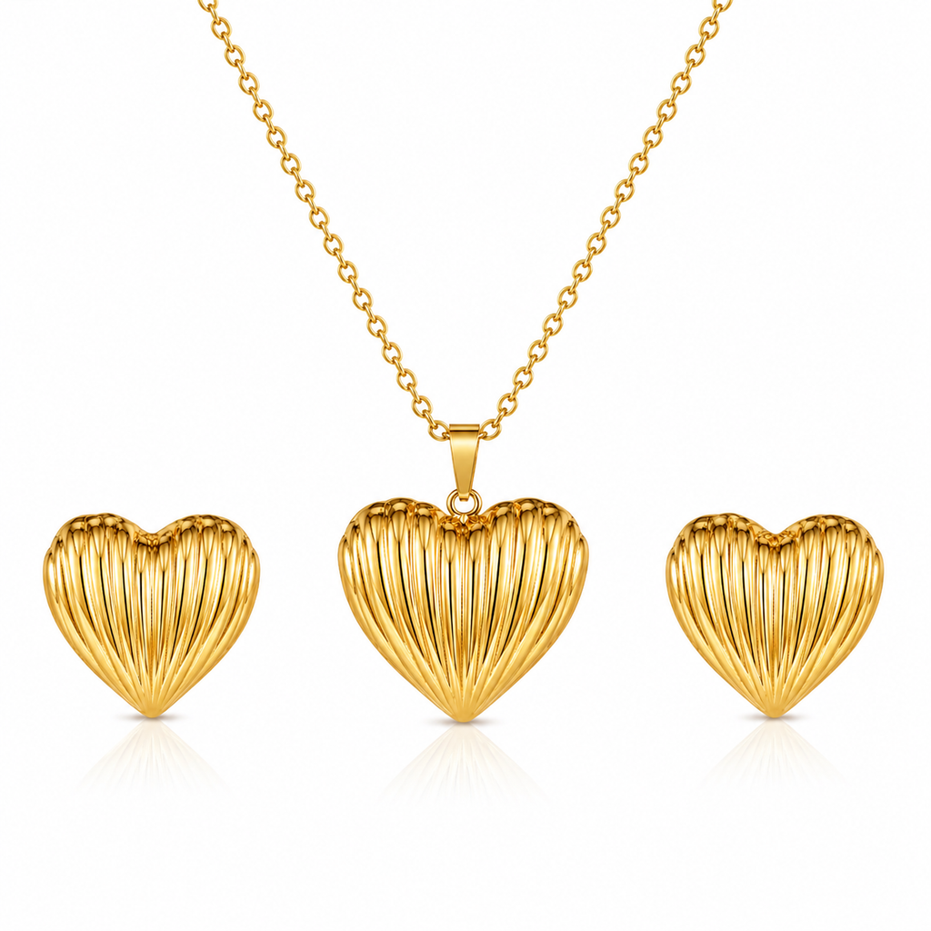 Set Lănțișor și Cercei Inox Inimă Canalată - Romantic Inox - LPD1469 44 cm Placat Aur 18K PVD - Hipoalergenici