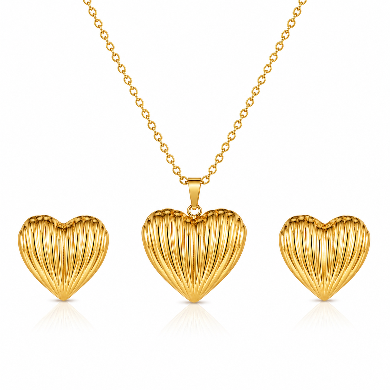 Set Lănțișor și Cercei Inox Inimă Canalată - Romantic Inox - LPD1469 44 cm Placat Aur 18K PVD - Hipoalergenici