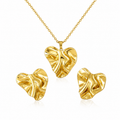 Set Lănțișor + Cercei Inimă Sculptata Crinkled Oțel Inoxidabil Placat Aur 18K PVD - LPD1470 - Hipoalergenici