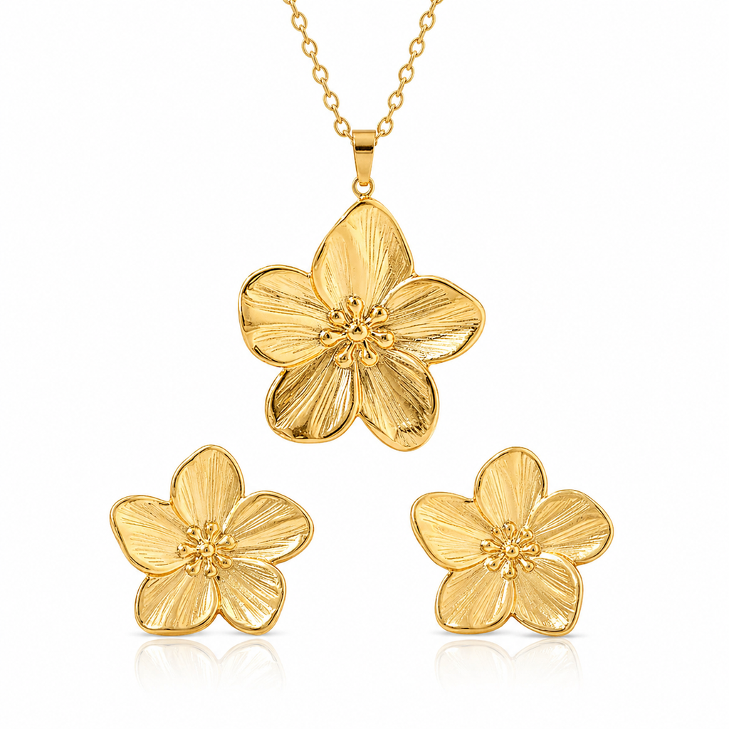 Set Lănțișor Cable cu Pandantiv Floare și Cercei - Boho Inox Placat Aur 18K PVD - LPD1479 - Hipoalergenici