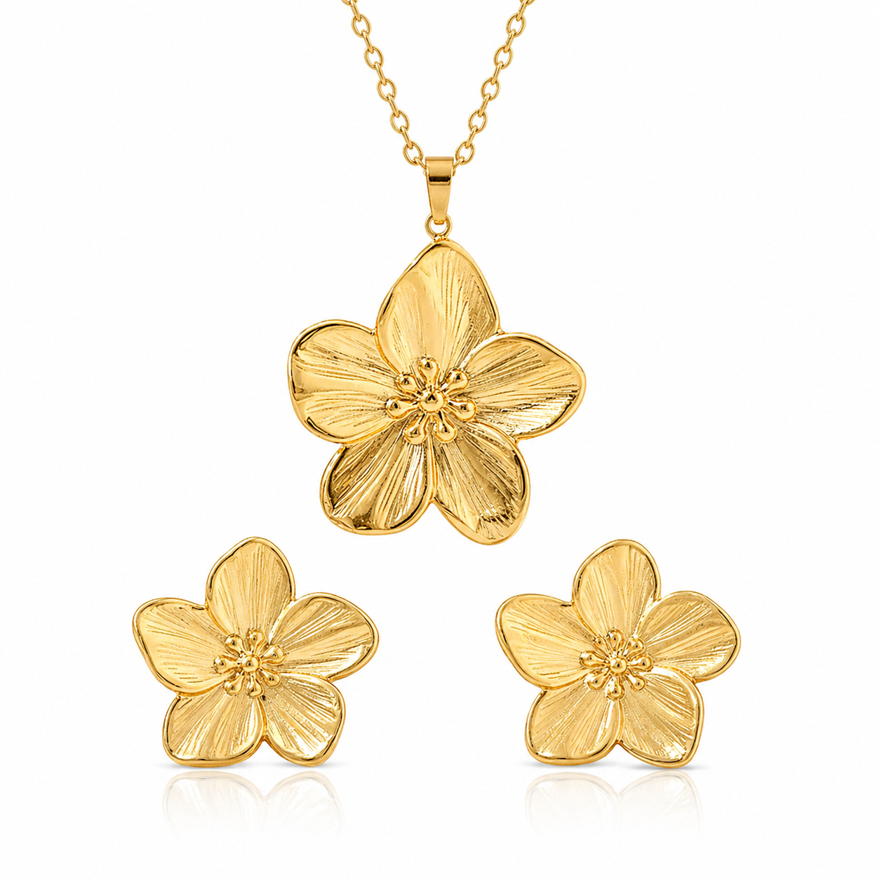 Set Lănțișor Cable cu Pandantiv Floare și Cercei - Boho Inox Placat Aur 18K PVD - LPD1479 - Hipoalergenici