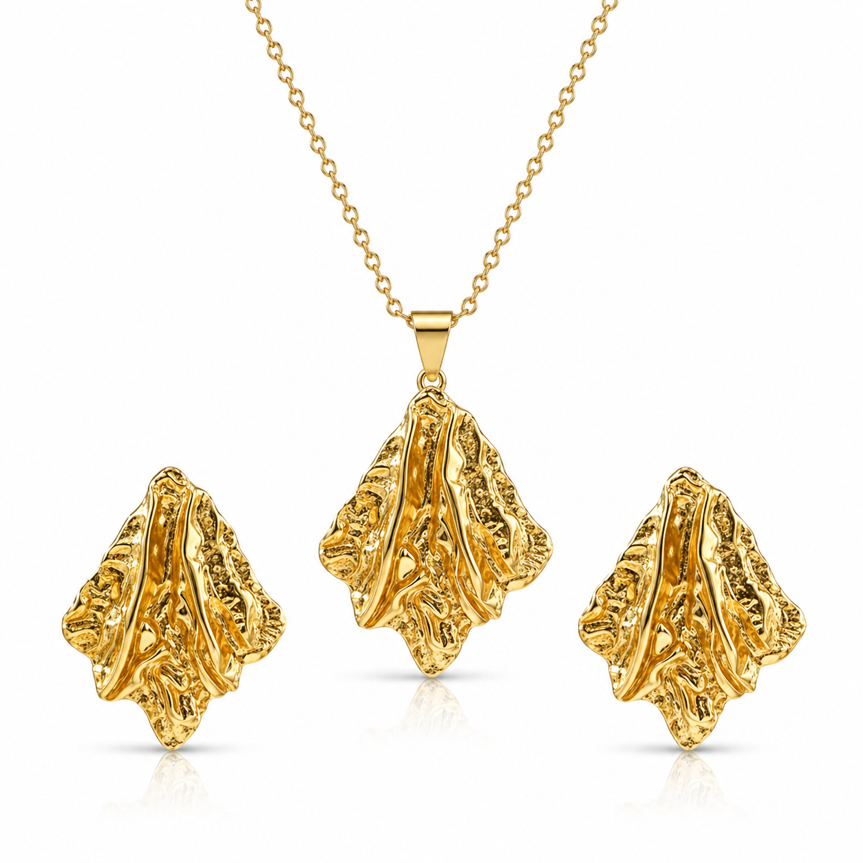 Set Lănțișor și Cercei Inox Frunză Hammered - Artizanal Inox - LPD1482 Placat Aur 18K PVD - Hipoalergenici