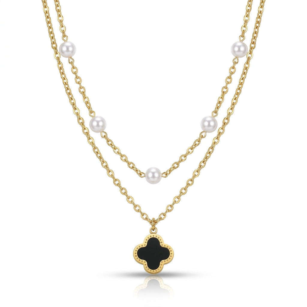 Lănțișor Dublu Layered cu Perle și Pandantiv Trifoi Negru Alhambra Placat Aur 18K PVD - LPD1495
