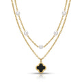 Lănțișor Dublu Layered cu Perle și Pandantiv Trifoi Negru Alhambra Placat Aur 18K PVD - LPD1495