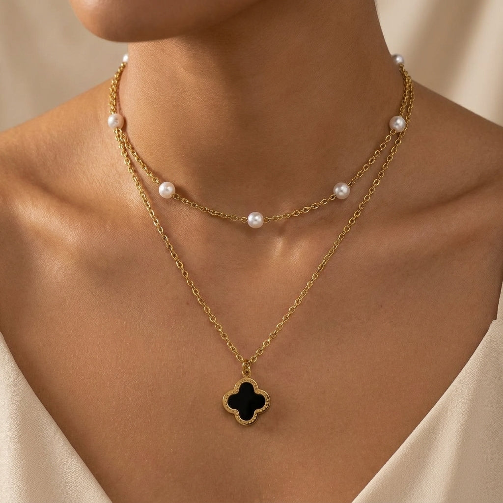 Lănțișor Dublu Layered cu Perle și Pandantiv Trifoi Negru Alhambra Placat Aur 18K PVD - LPD1495