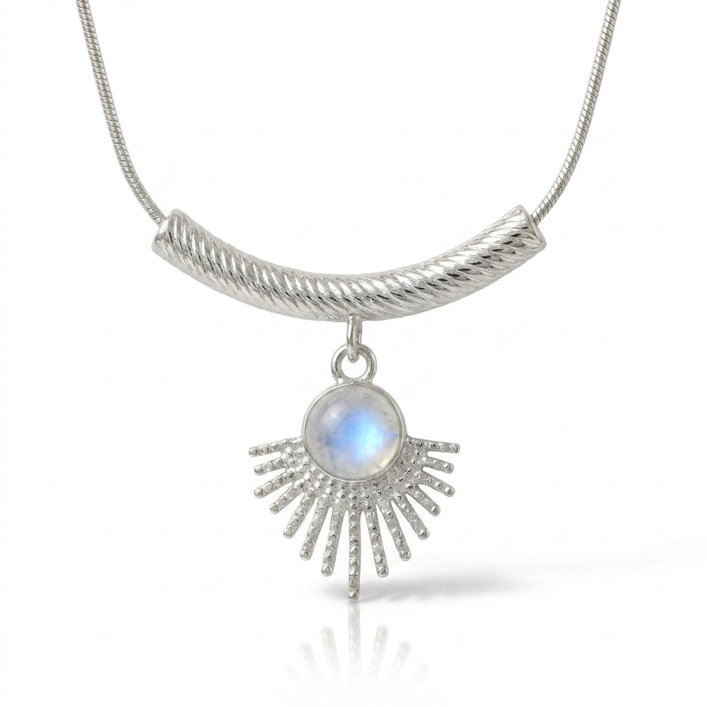Lănțișor Inox Snake Chain Argintiu cu Pandantiv Evantai Moonstone - Boem - Hipoalergenic - LPD1509