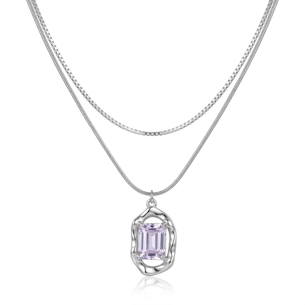 Colier Dublu Inox Argintiu Layered cu Pandantiv Piatră Violet - Boem - Hipoalergenic - LPD1515