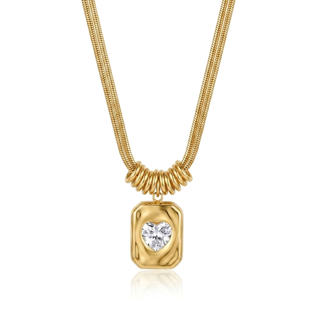 Lănțișor Snake Chain Dublu cu Pandantiv Dreptunghiular Hammered - Hipoalergenic Placat Aur 18K PVD - LPD1519