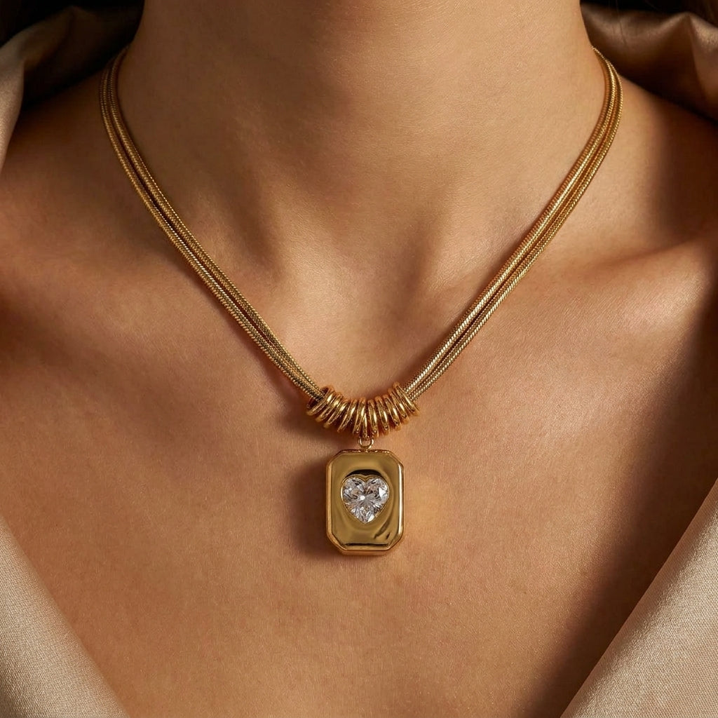 Lănțișor Snake Chain Dublu cu Pandantiv Dreptunghiular Hammered - Hipoalergenic Placat Aur 18K PVD - LPD1519
