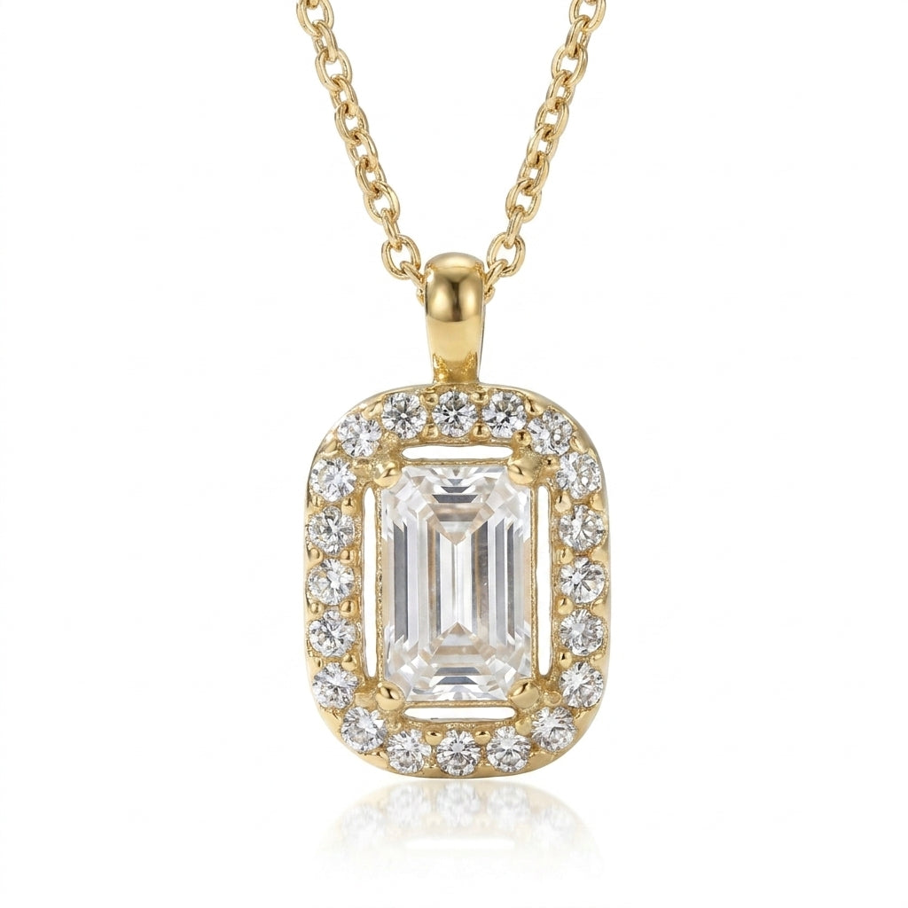 Lănțișor Inox Cable Chain cu Pandantiv Halo Emerald Cut - Elegant - Hipoalergenic Placat Aur 18K PVD - LPD1520
