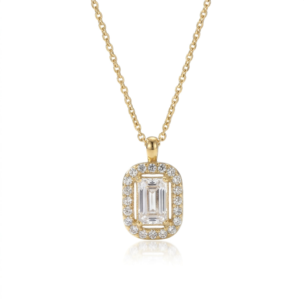 Lănțișor Inox Cable Chain cu Pandantiv Halo Emerald Cut - Elegant - Hipoalergenic Placat Aur 18K PVD - LPD1520