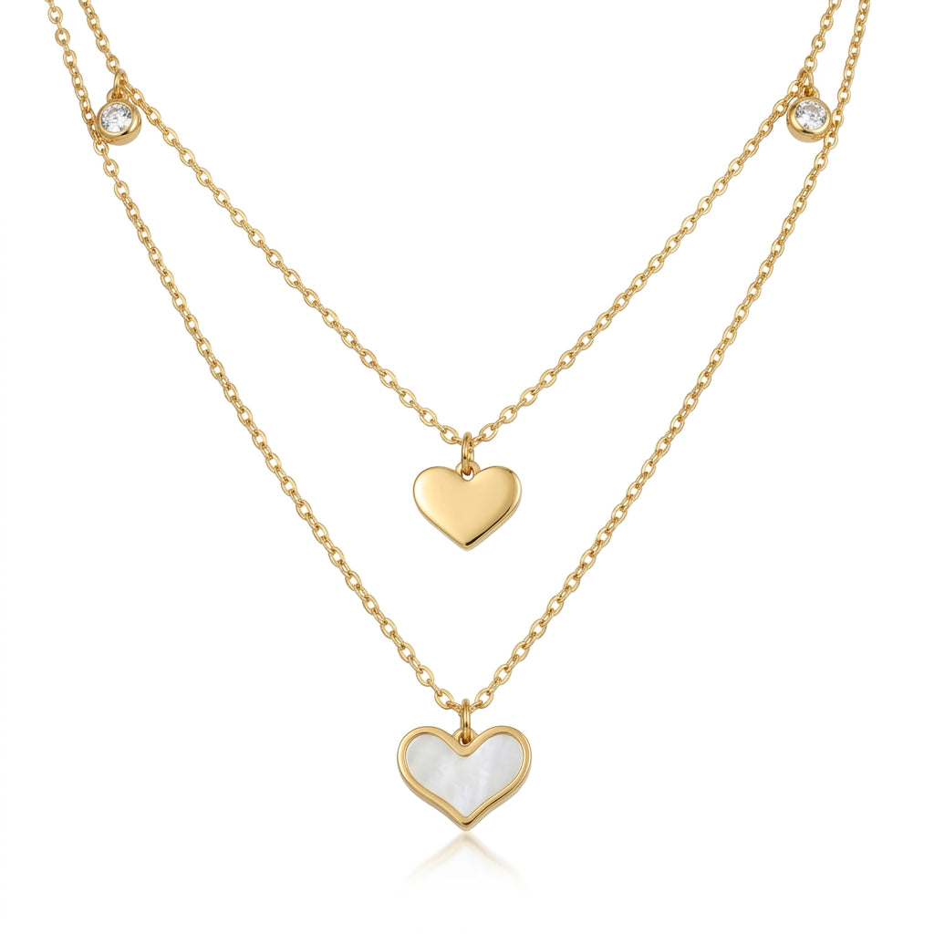 Colier Dublu Inox Layered cu Pandantiv Inimioare Sidef și Contur - Hipoalergenic Placat Aur 18K PVD - LPD1525