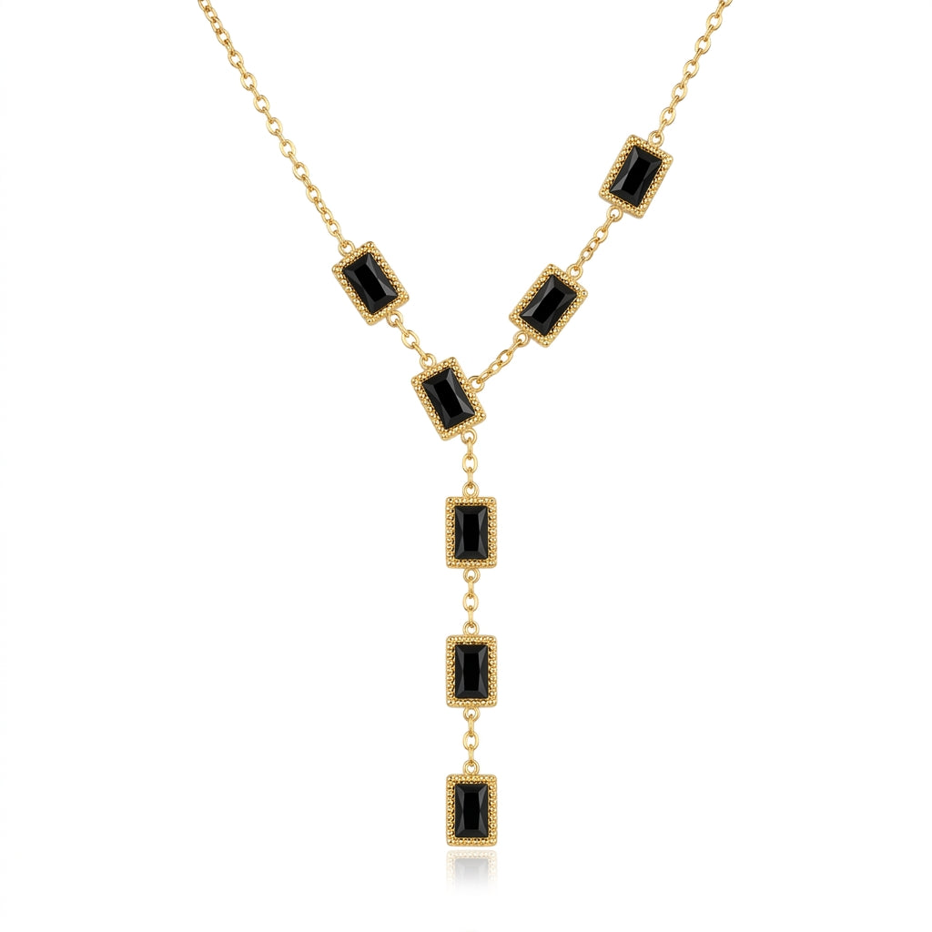 Lănțișor Inox Y-Necklace cu Pandantiv email negru - Glamour - Hipoalergenic Placat Aur 18K PVD - LPD1536