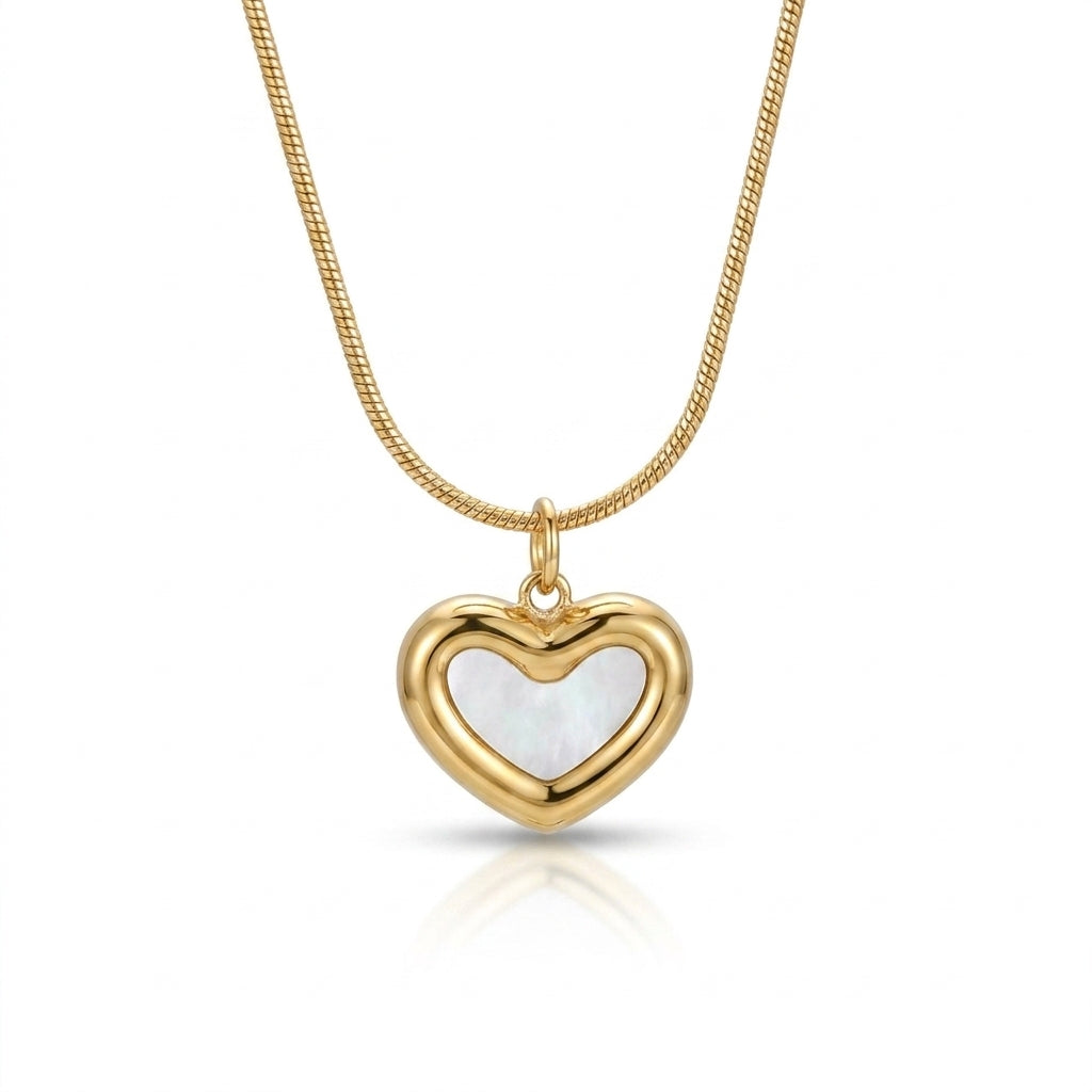 Lănțișor Inox Snake cu Pandantiv Inimă Sidef - Romantic - Hipoalergenic Placat Aur 18K PVD - LPD1556