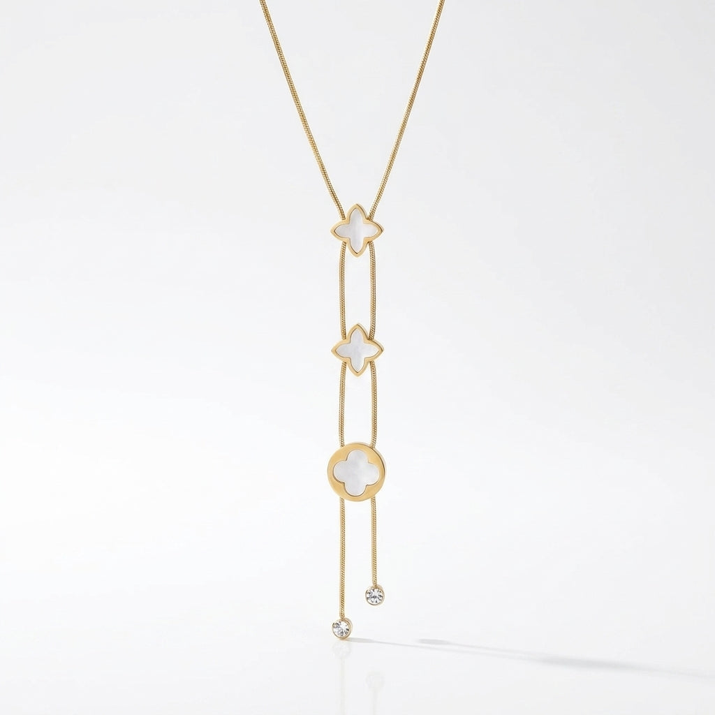 Lănțișor Inox Snake cu Motive Florale Sidef Lariat - Statement - Hipoalergenic Placat Aur 18K PVD - LPD1569