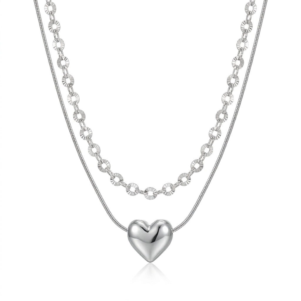 Lănțișor Inox Dublu Argintiu cu Pandantiv Inimă Puffed - Romantic-Trendy - Hipoalergenic - LPD1576