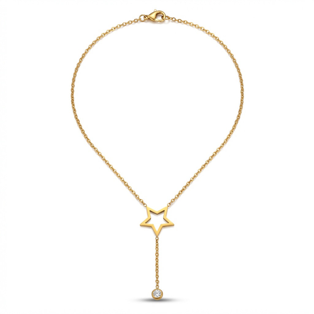 Lănțișor Inox Cable Auriu cu Pandantiv Stea și Cristal Lariat - Minimalist - Hipoalergenic