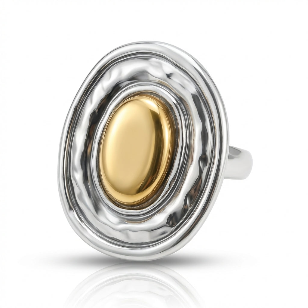 Inel Oval texturat bicolor Oțel Inoxidabil Bicolor Placat Aur 18K PVD - Hipoalergenic - IND1610