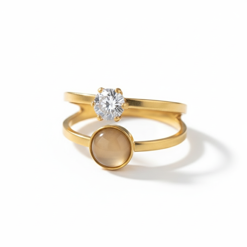 Inel dublu zirconiu rotund Oțel Inoxidabil Auriu - Hipoalergenic