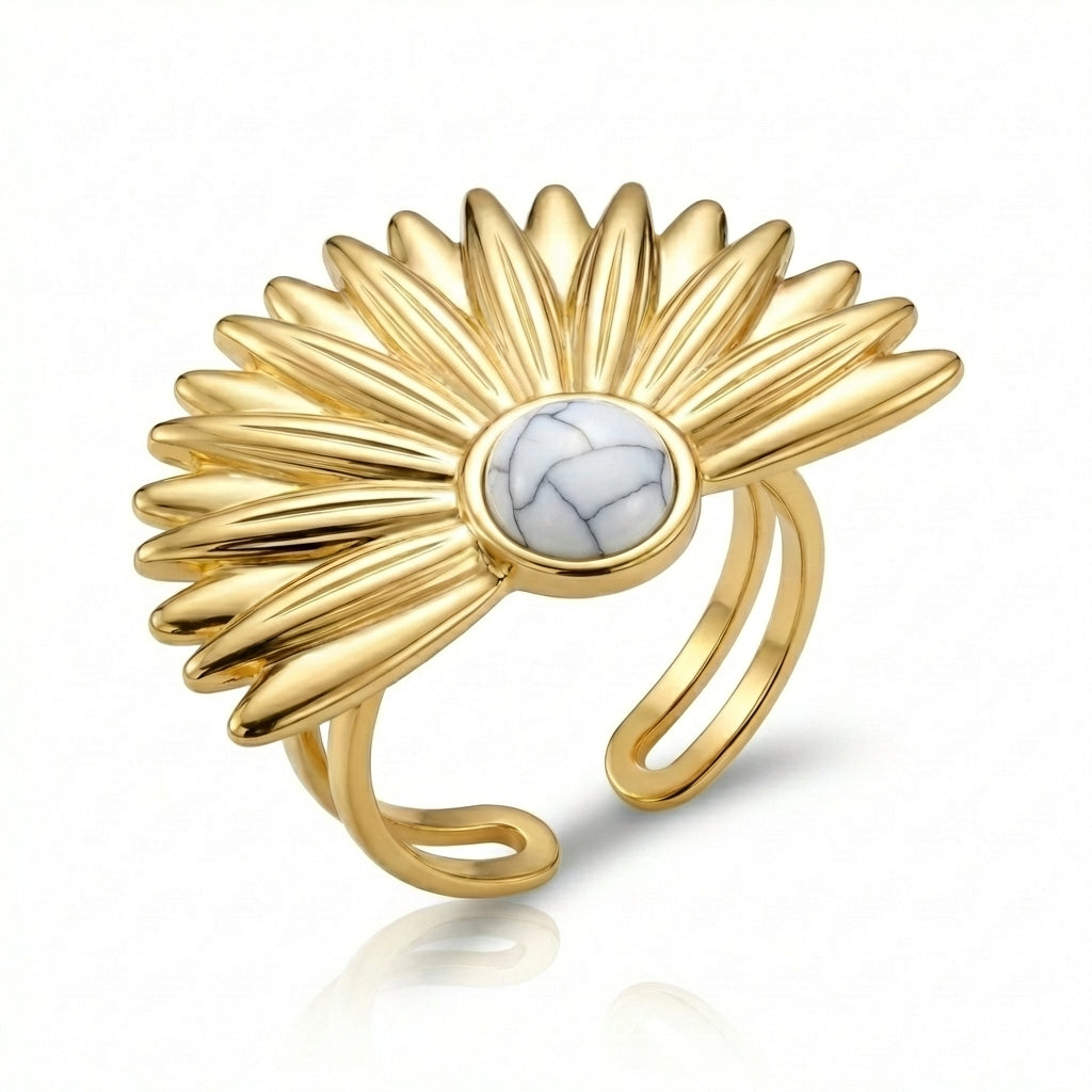 Inel Petale aurii piatră centrală Howlite Albă Inox Bicolor Placat Aur 18K PVD - Hipoalergenic - IND1606