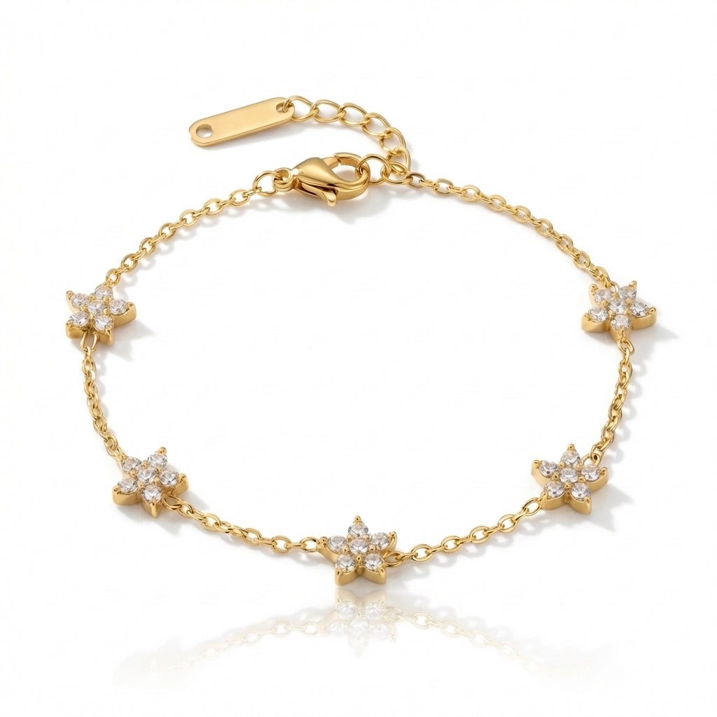 Brățară Flori delicate cu cristale Oțel Inoxidabil 16 cm Placat Aur 18K PVD - Hipoalergenică - BF1177
