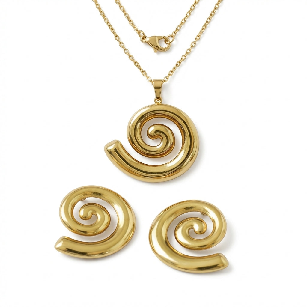 Set Lănțișor și Cercei Inox Auriu cu Pandantiv Spirală - Modern - Hipoalergenic