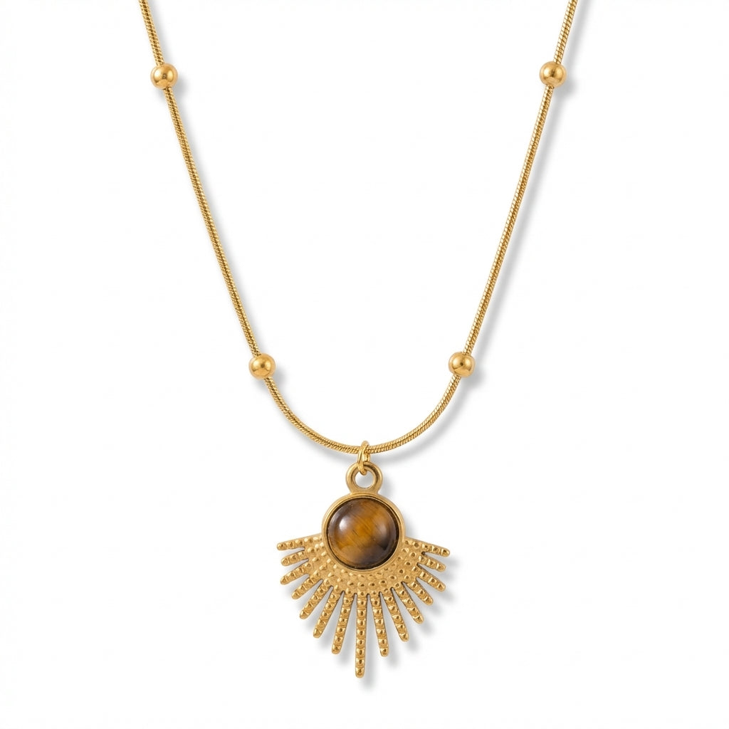 Lănțișor Inox Satellite Auriu cu Pandantiv Soare Ochi de Tigru - Boho Exotic