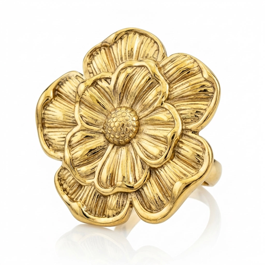 Inel Floare mare sculptată Oțel Inoxidabil Placat Aur 18K PVD - Hipoalergenic - IND1639