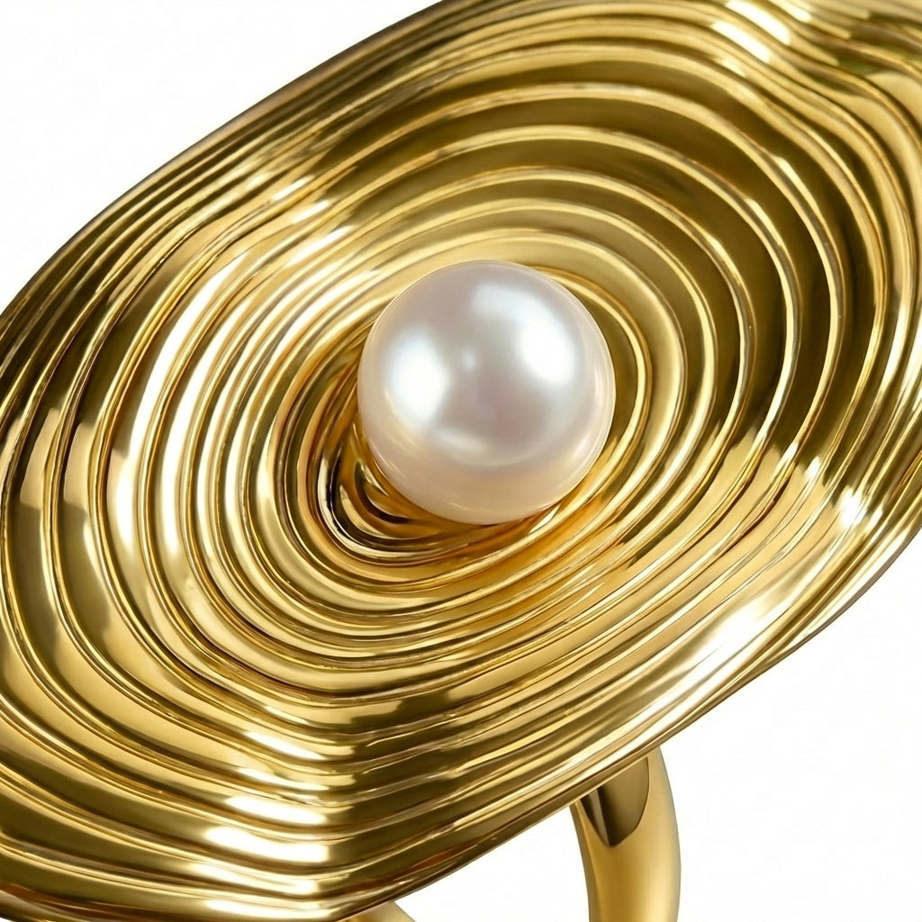 Inel Oval texturat perlă Perlă Oțel Inoxidabil Placat Aur 18K PVD - Hipoalergenic - IND1667