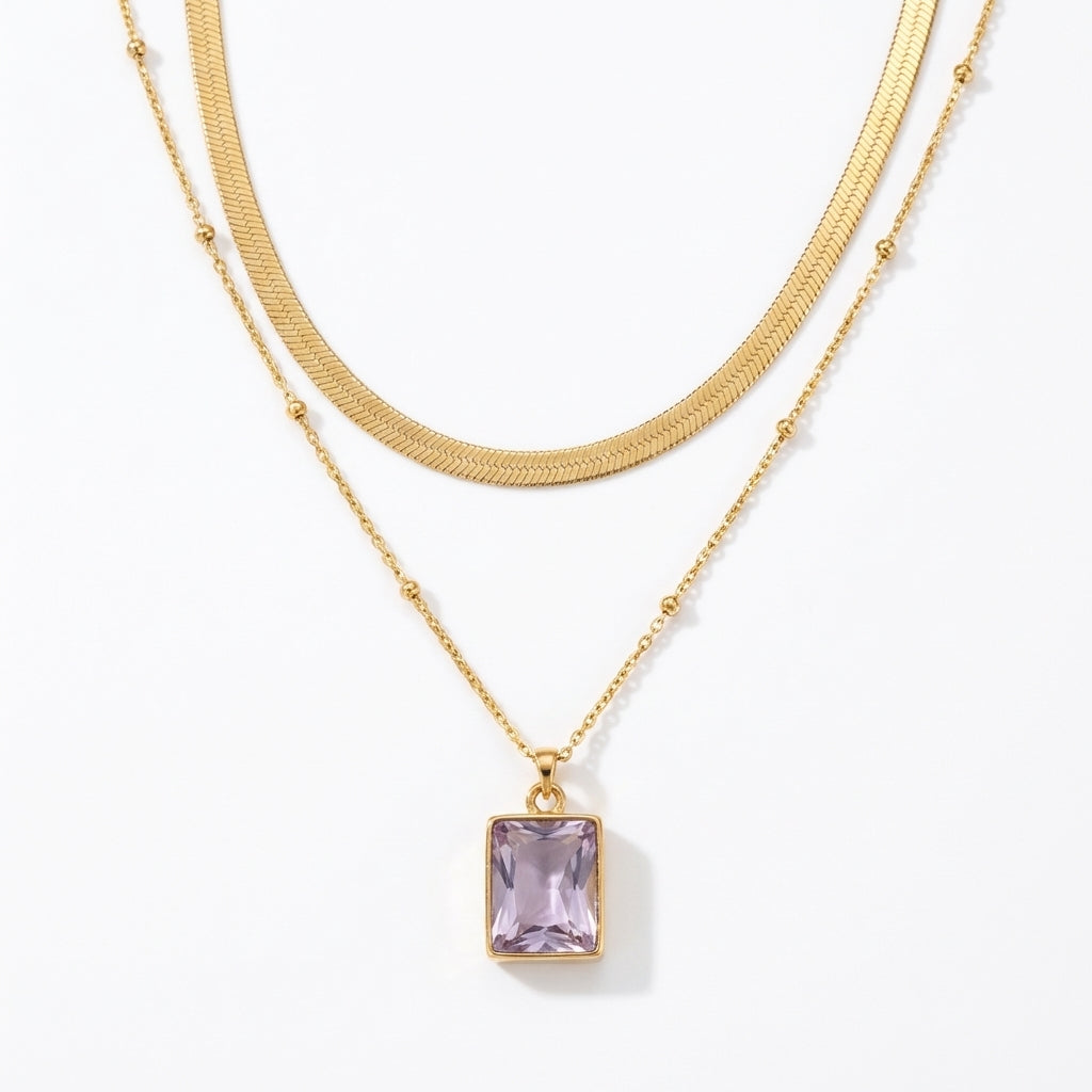 Lănțișor Inox Dublu Herringbone Auriu cu Pandantiv Piatră Lavandă - Elegant - Hipoalergenic